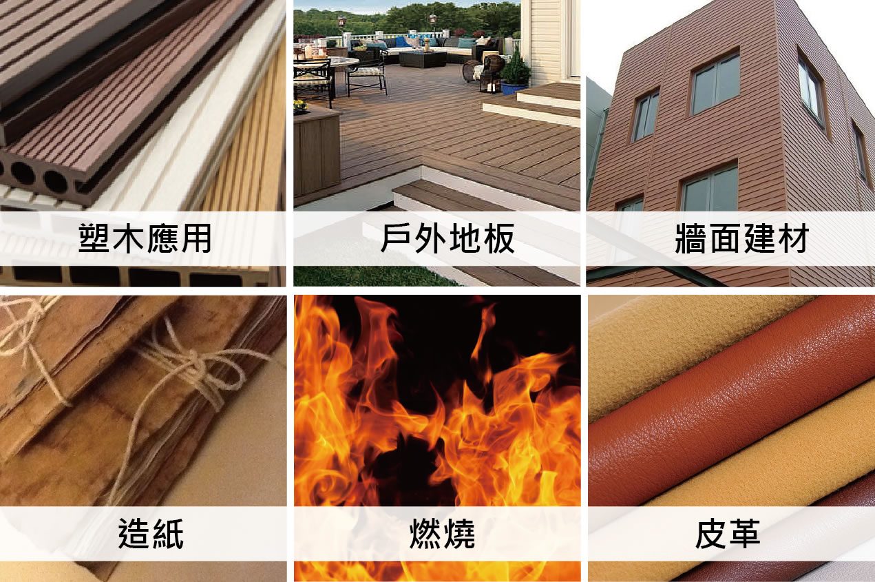 環保木粉應用範圍：塑木應用、戶外地板、牆面建材、造紙、燃燒、皮革